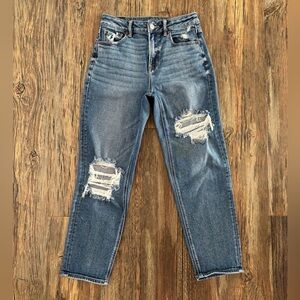 American Eagle Mom Straight Jean Womens 4 Stretch Distressed Blue Denim Hi Rise